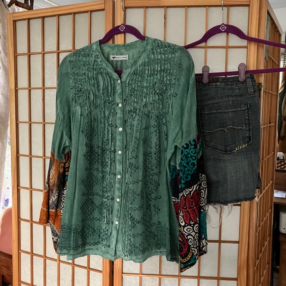 Mountaingirl Clothing Tops - Mountaingirl Clothing Original Upcycled Cotton Gauze Kantha Bell Sleeve OOAK